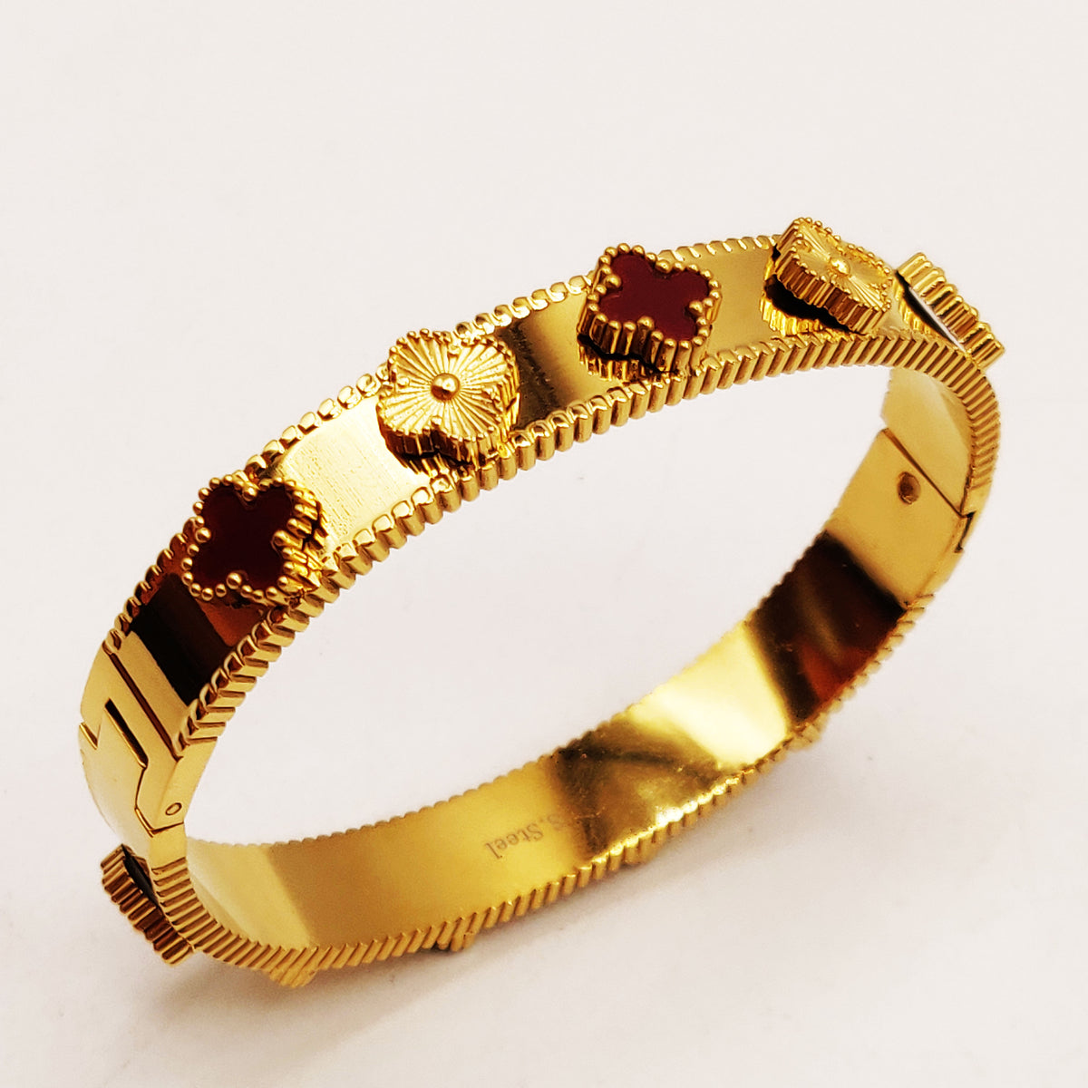 Bracelet Rigide Trèfles Dorés et Bordeaux Luxe