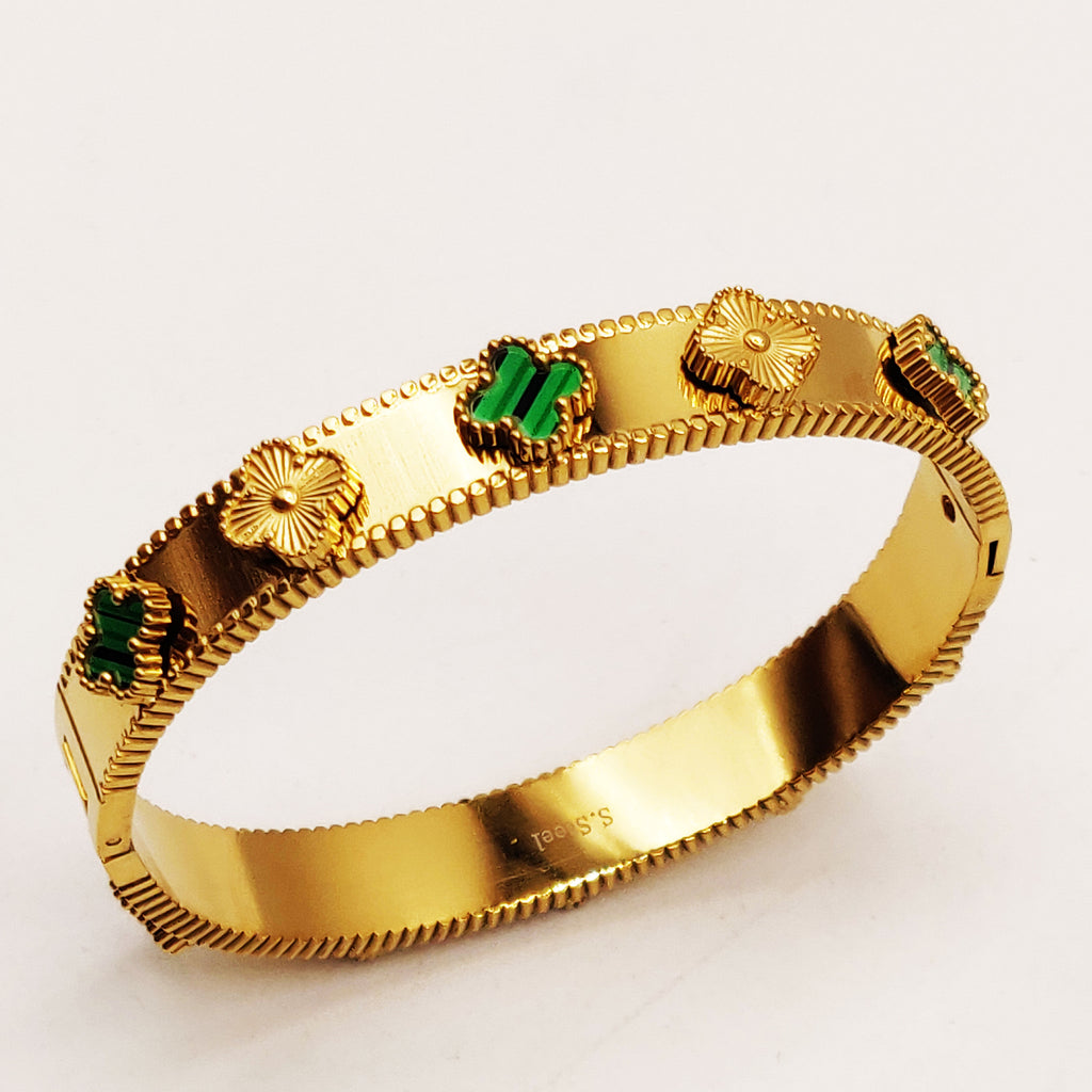 Bracelet Rigide Trèfles Dorés et Vert Luxe