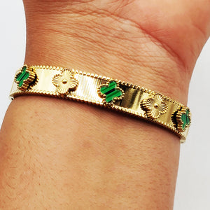 Bracelet Rigide Trèfles Dorés et Vert Luxe