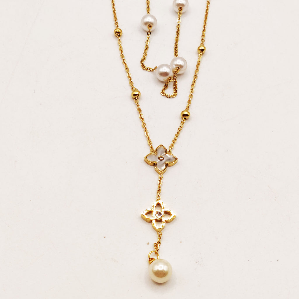 Collier Double Trèfles Étoiles Luxe et Perles d'imitation