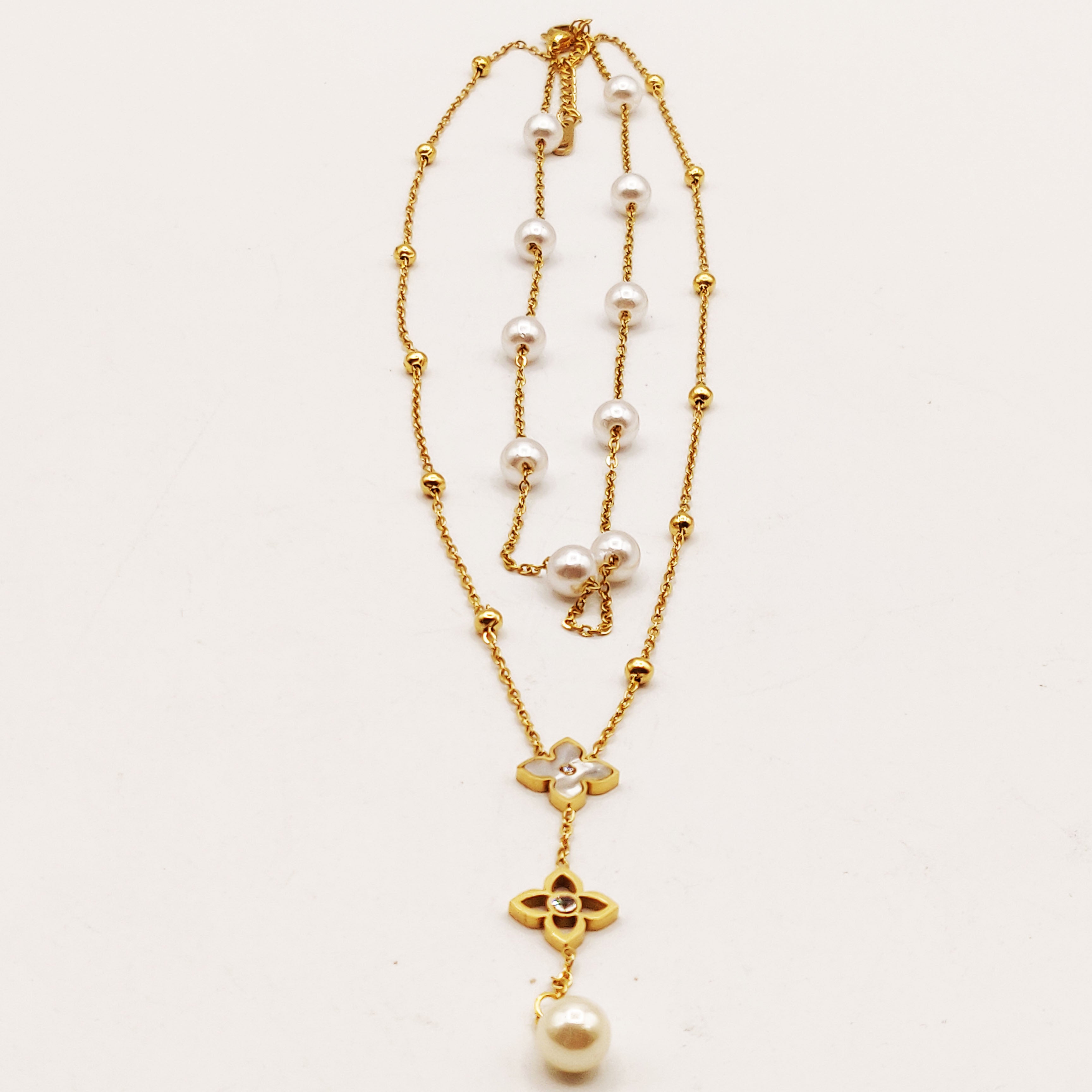 Collier Double Trèfles Étoiles Luxe et Perles d'imitation