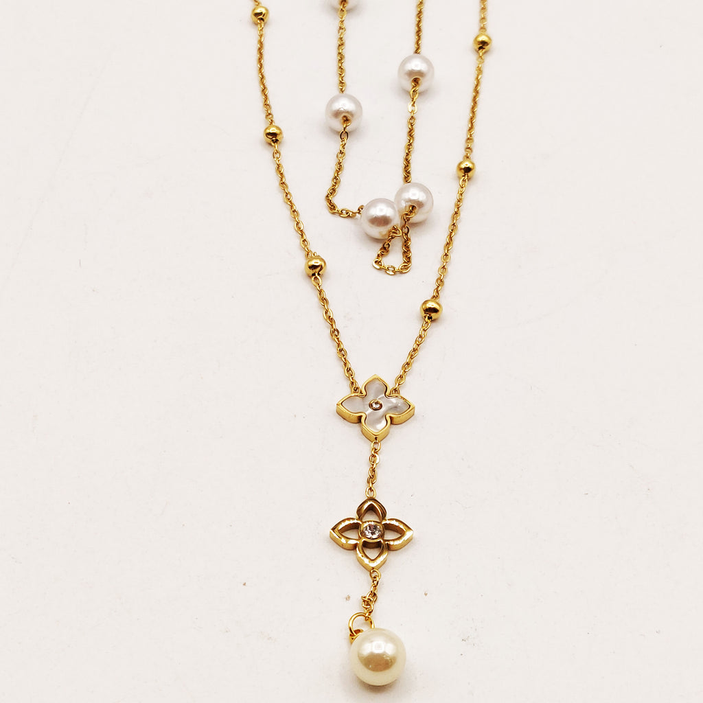 Collier Double Trèfles Étoiles Luxe et Perles d'imitation