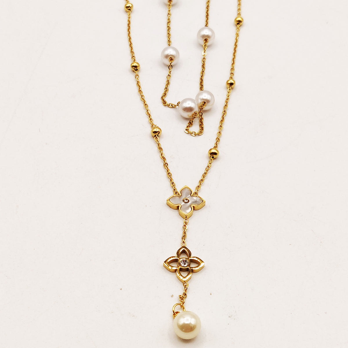 Collier Double Trèfles Étoiles Luxe et Perles d'imitation