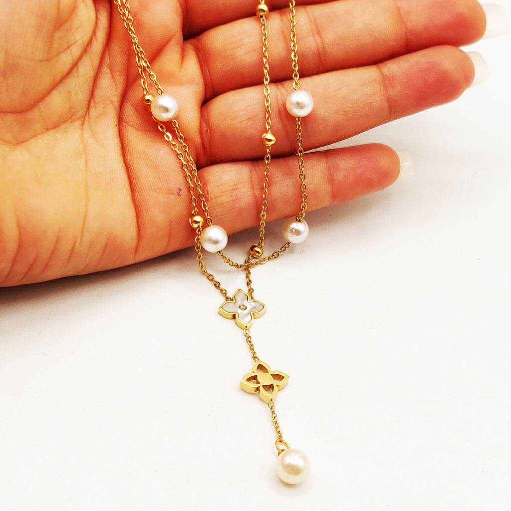 Collier Double Trèfles Étoiles Luxe et Perles d'imitation