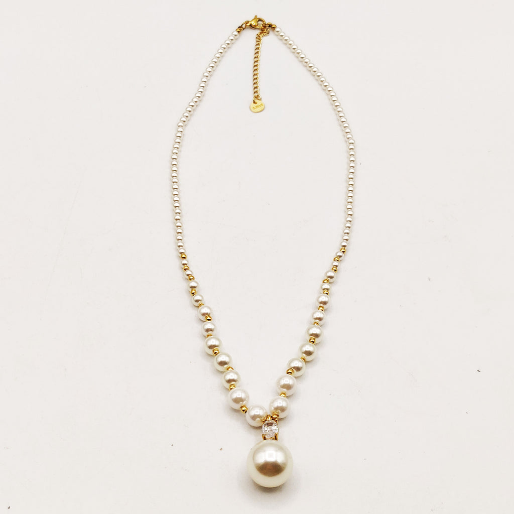 Collier Multi Perles d'imitation Blanches Pendentif Grosse Perle d'imitation et Cristal