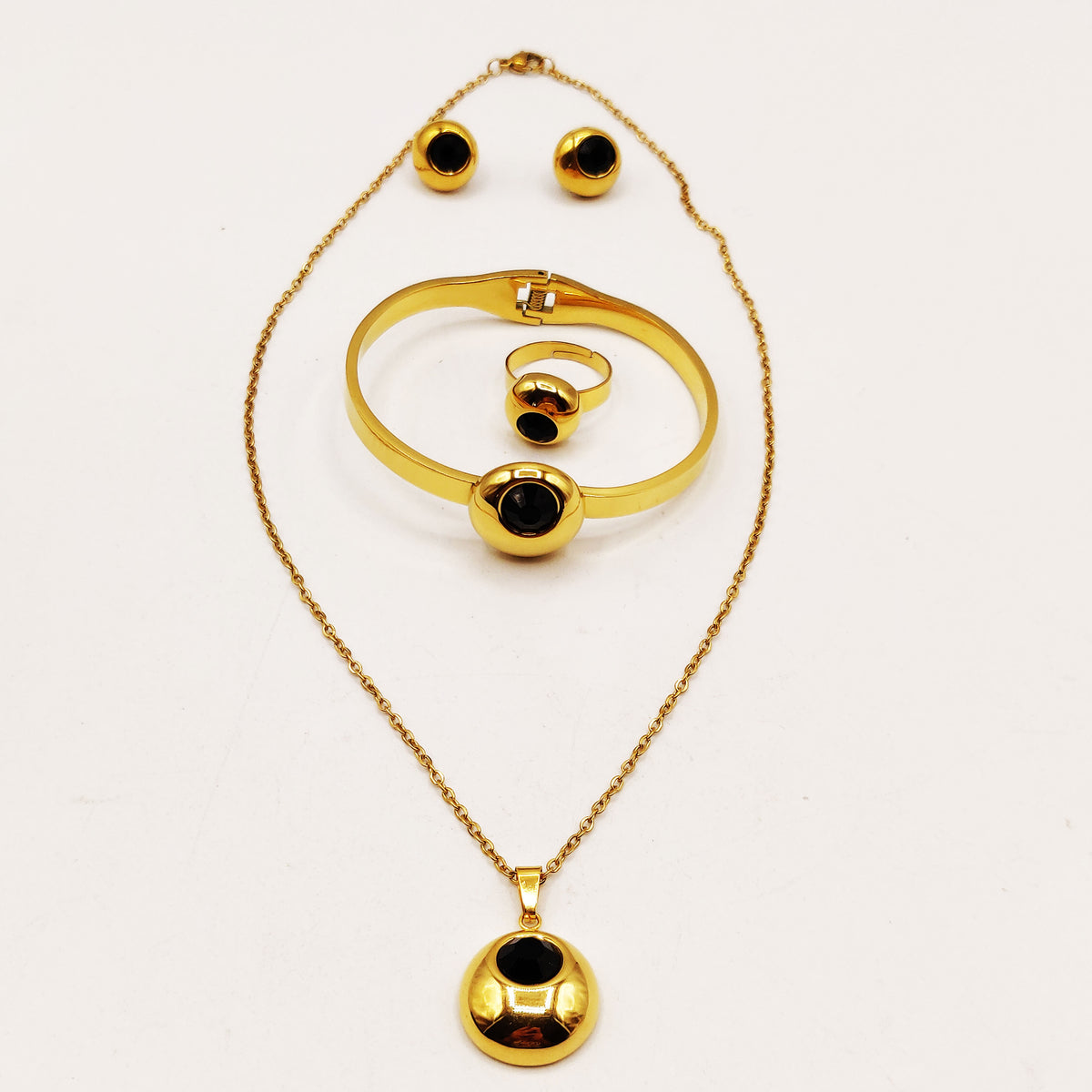 Ensemble Collier, Bracelet, Boucles d'oreilles et Bague Boule Pierre Noire
