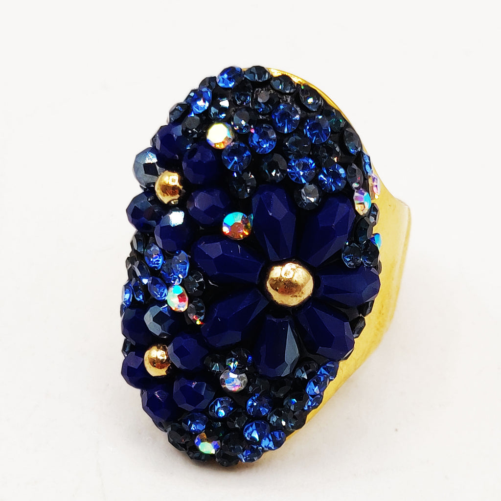 Bague Multi Perles d'imitations Bleues Fleur Bleue