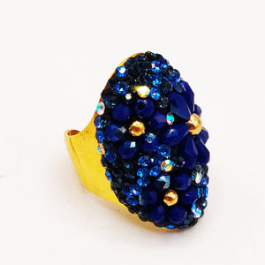 Bague Multi Perles d'imitations Bleues Fleur Bleue