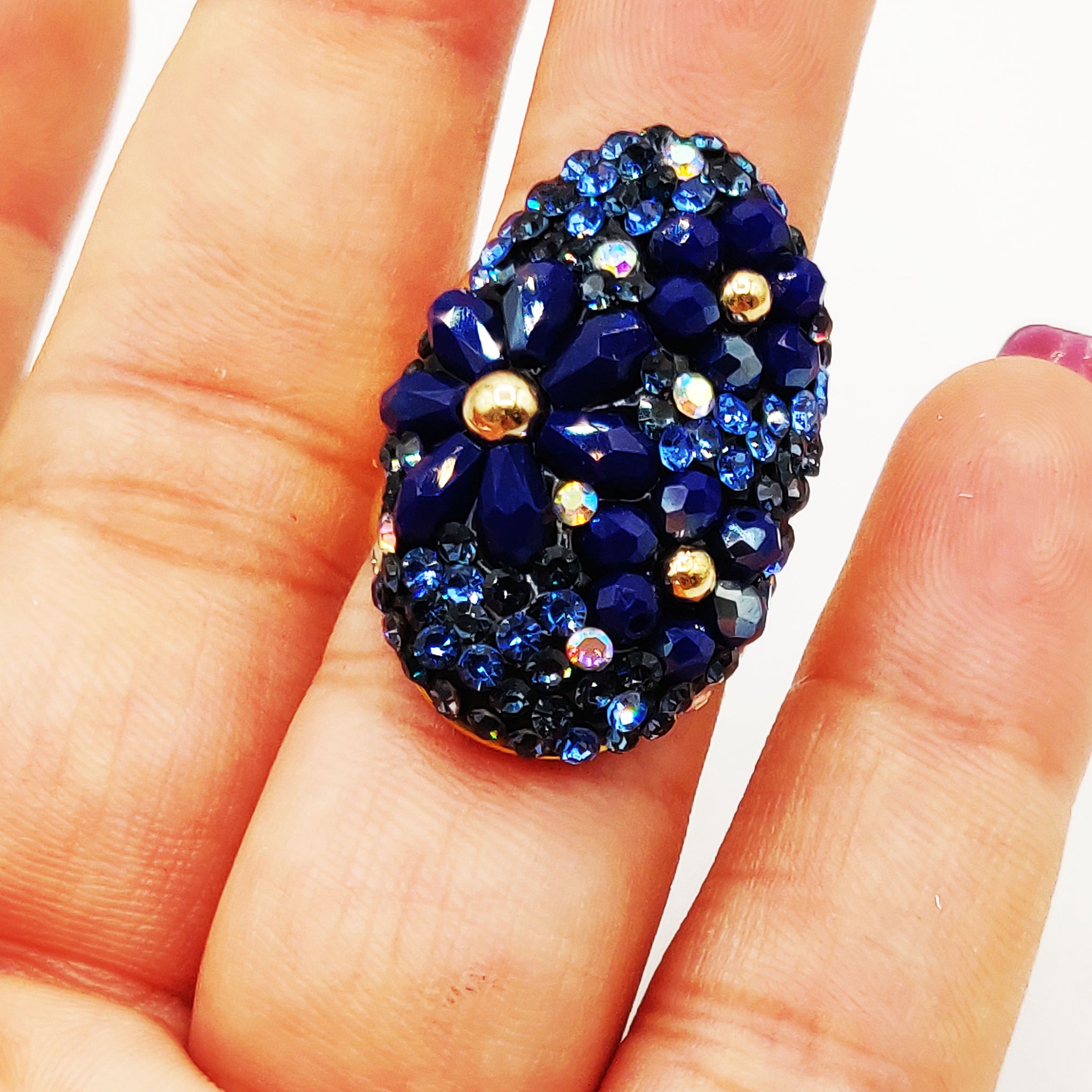 Bague Multi Perles d'imitations Bleues Fleur Bleue