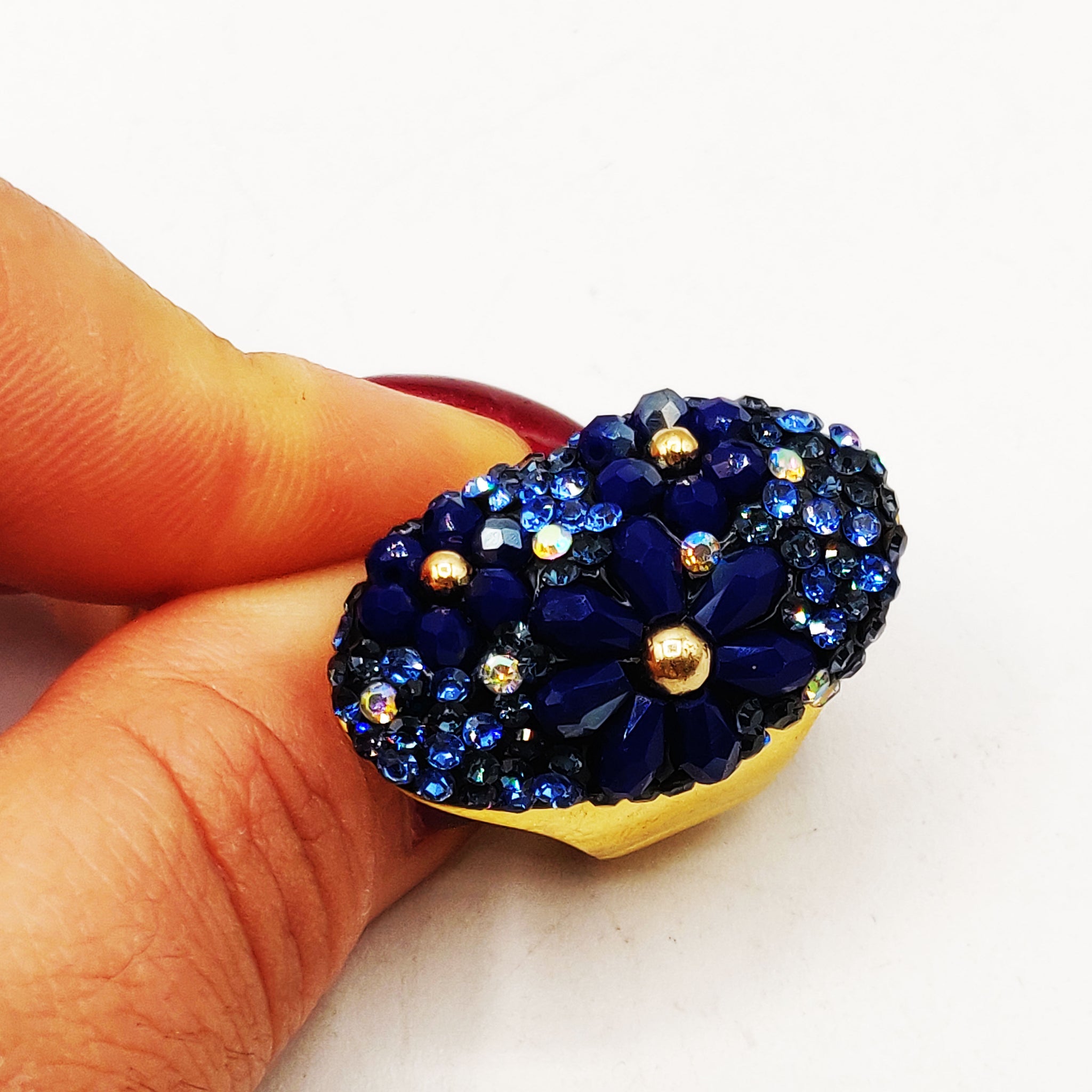 Bague Multi Perles d'imitations Bleues Fleur Bleue