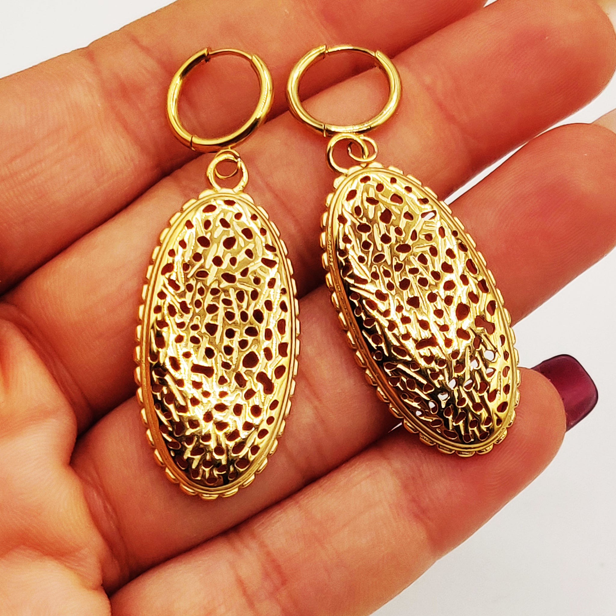 Boucles d'oreilles Tresse Resserrée Grand Pendentif Ovale Troué Luxe