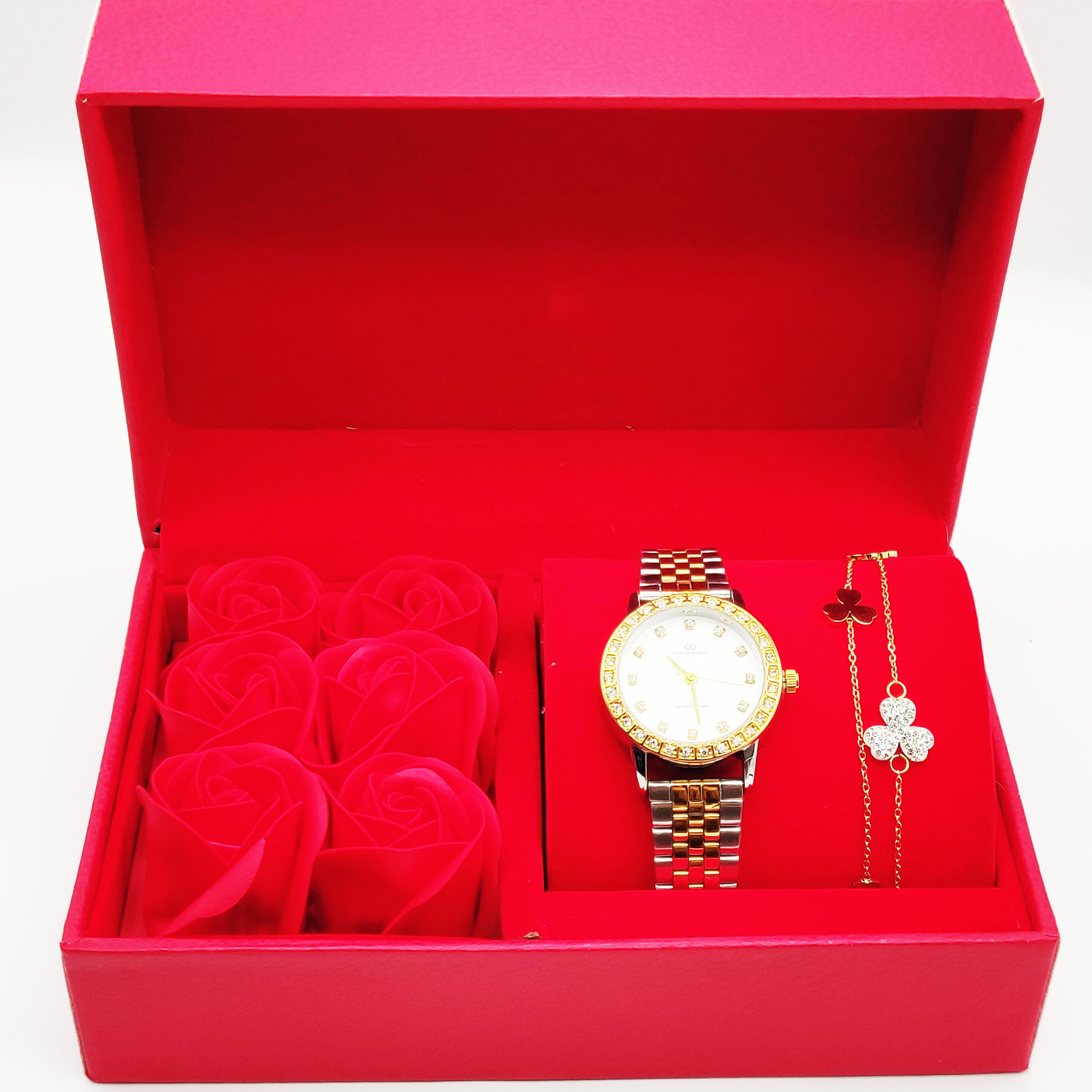 Coffret Cadeau Montre Giorgio & Dario EU6465 Fond Blanc avec Bracelet Double Trèfle à 3 Coeurs et Roses Rouges