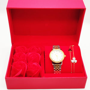 Coffret Cadeau Montre Giorgio & Dario EU6465 Fond Blanc avec Bracelet Double Trèfle à 3 Coeurs et Roses Rouges