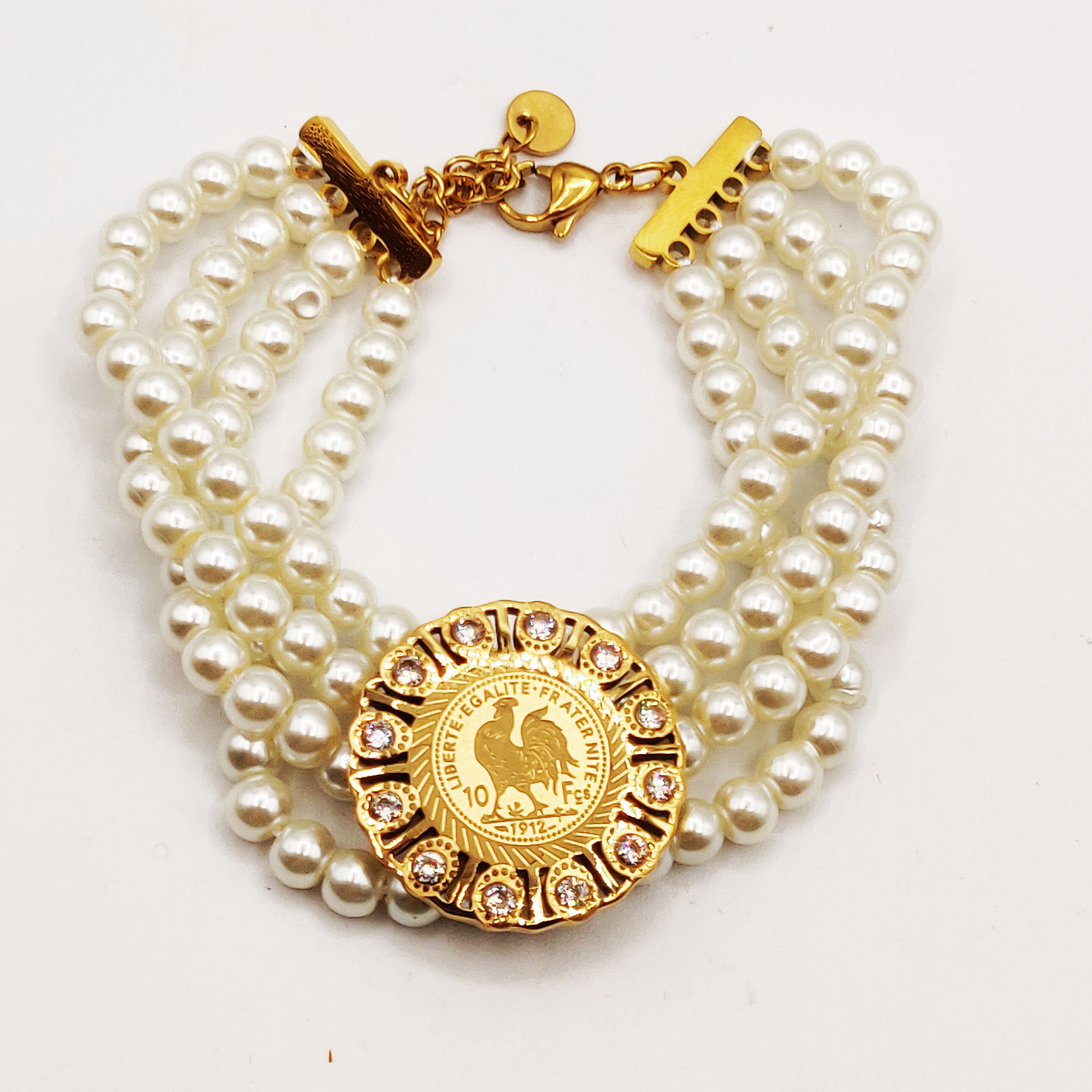 Bracelet Multirang de Perles d'imitation Pendentif Louise Coq Cristaux Luxe
