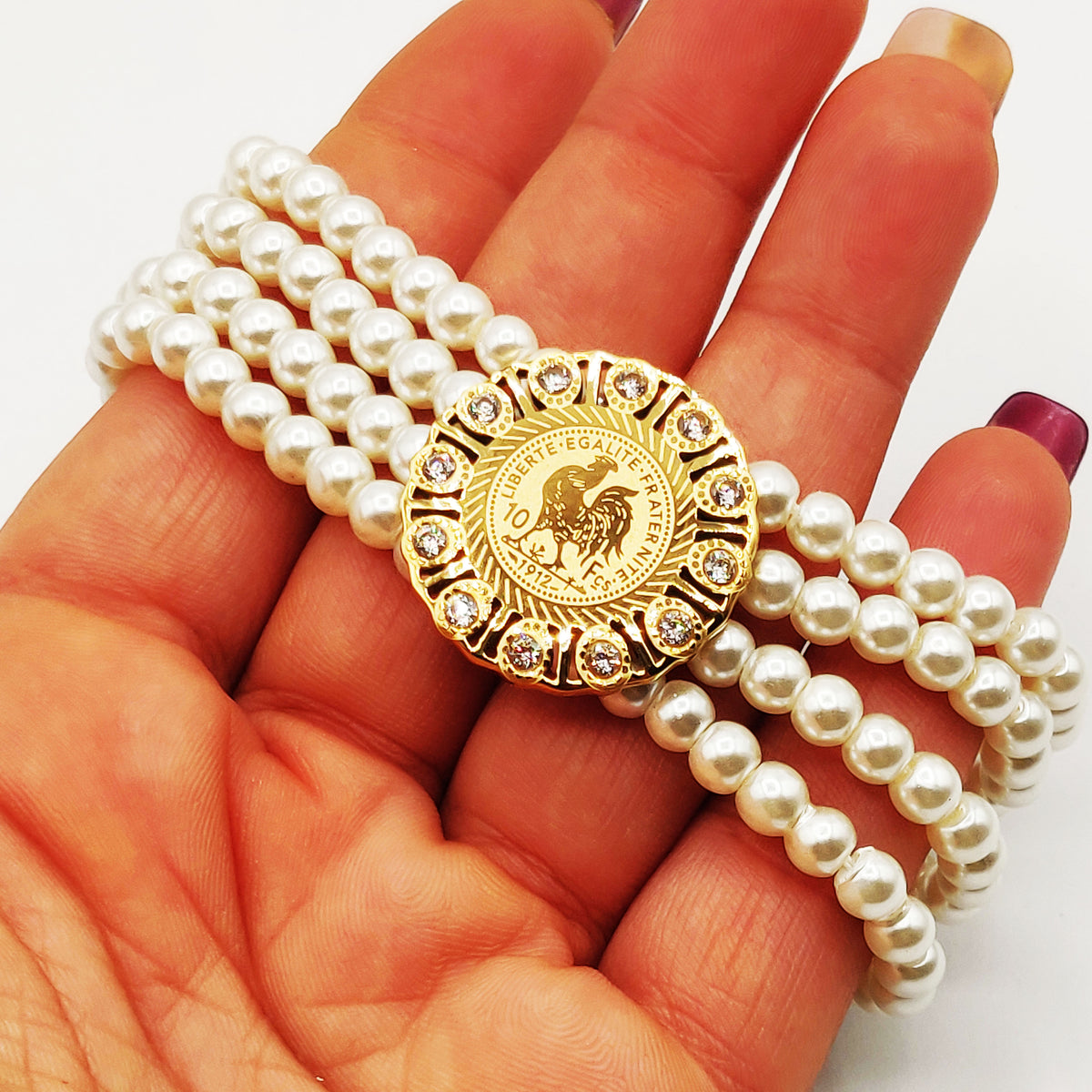 Bracelet Multirang de Perles d'imitation Pendentif Louise Coq Cristaux Luxe