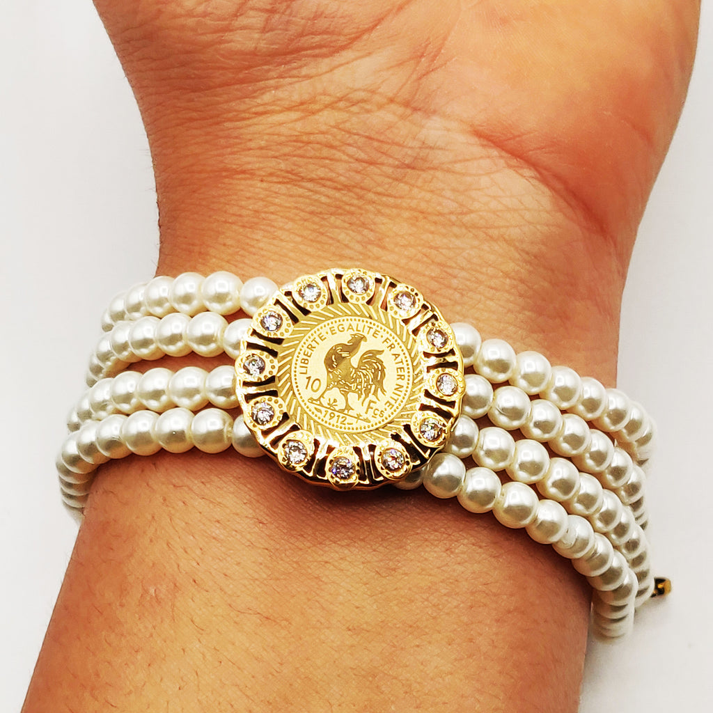 Bracelet Multirang de Perles d'imitation Pendentif Louise Coq Cristaux Luxe