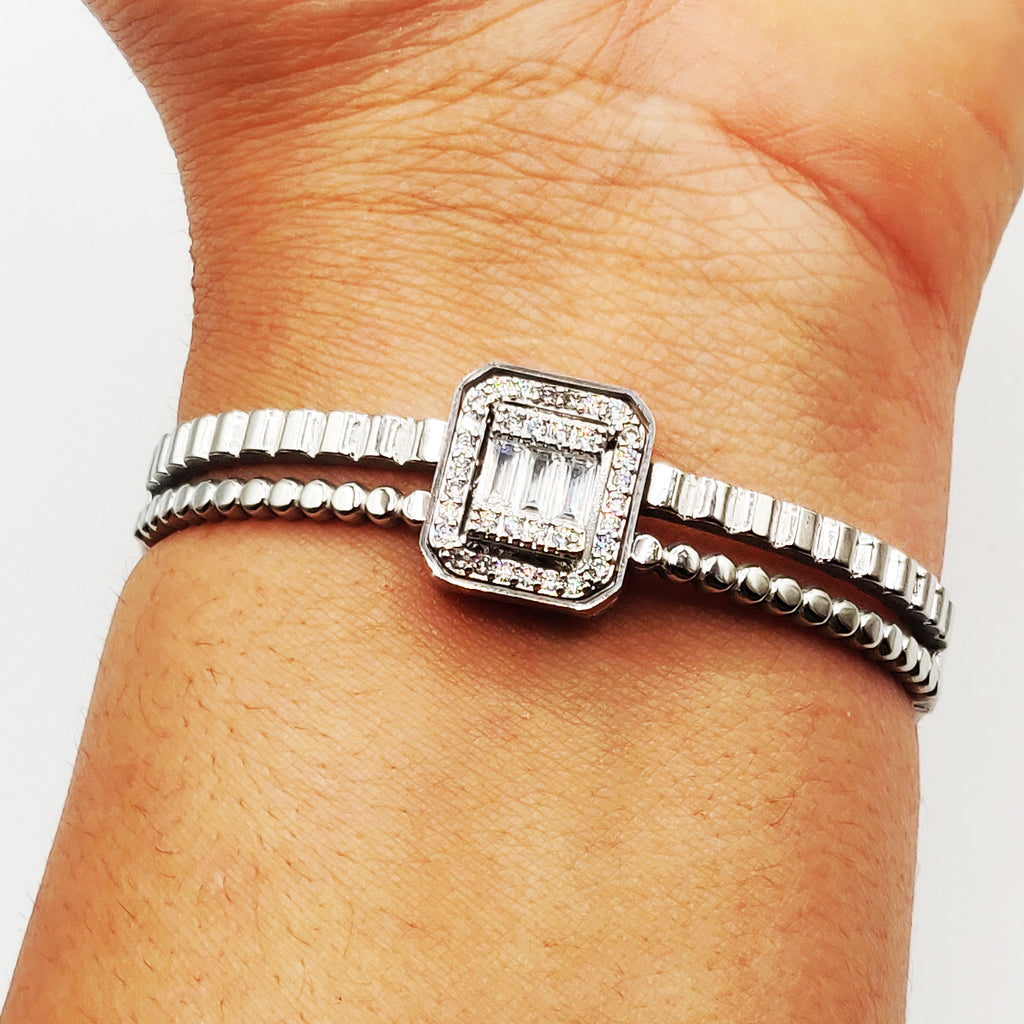 Bracelet Rigide Bosses Carré Cristaux Luxe Argenté