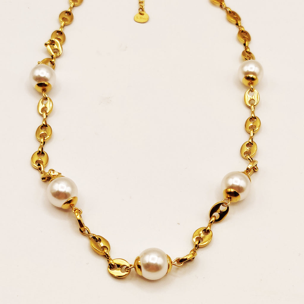 Collier Graines de Café et Perles d'imitation Blanches