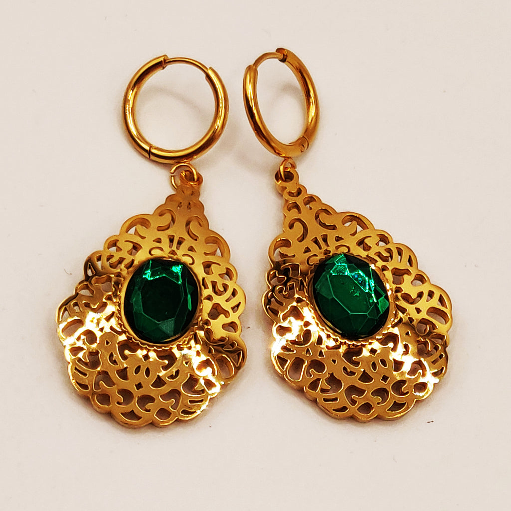 Boucles d'oreilles Torsade Goutte Orientale Pierre Verte Luxe