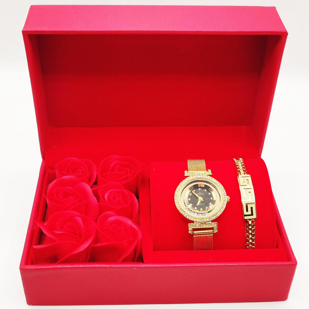 Coffret Cadeau Montre Giorgio & Dario Fond Noir avec Bracelet Tresse V Luxe et Roses Rouges