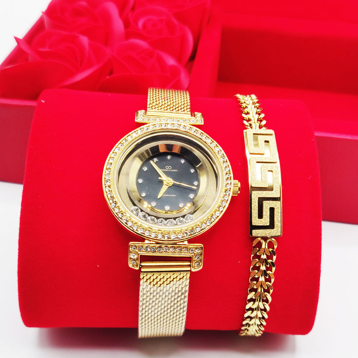 Coffret Cadeau Montre Giorgio & Dario Fond Noir avec Bracelet Tresse V Luxe et Roses Rouges