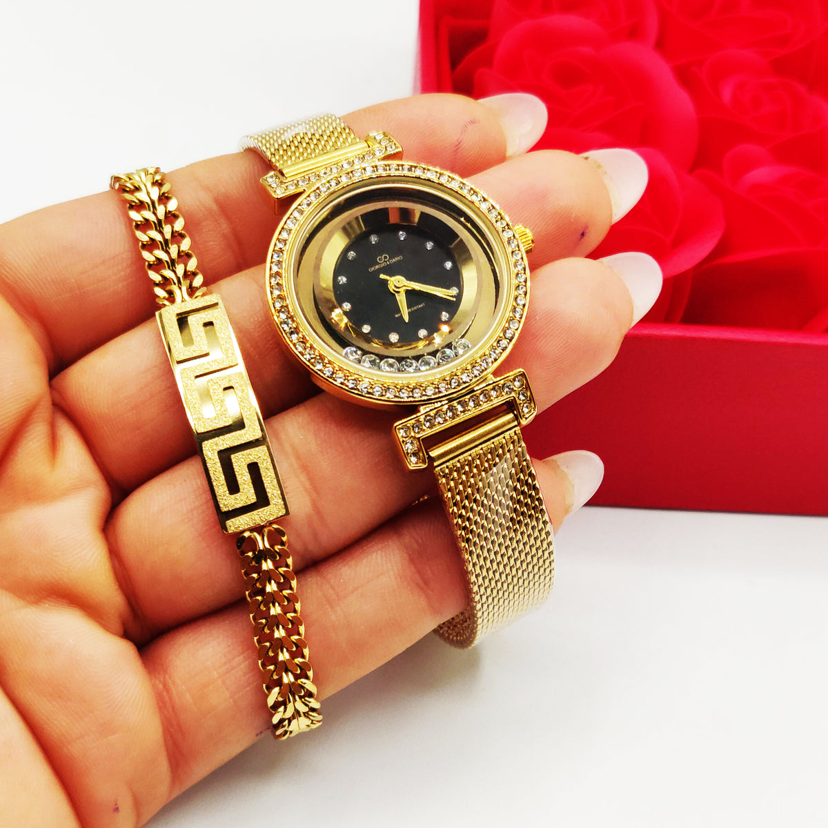 Coffret Cadeau Montre Giorgio & Dario Fond Noir avec Bracelet Tresse V Luxe et Roses Rouges