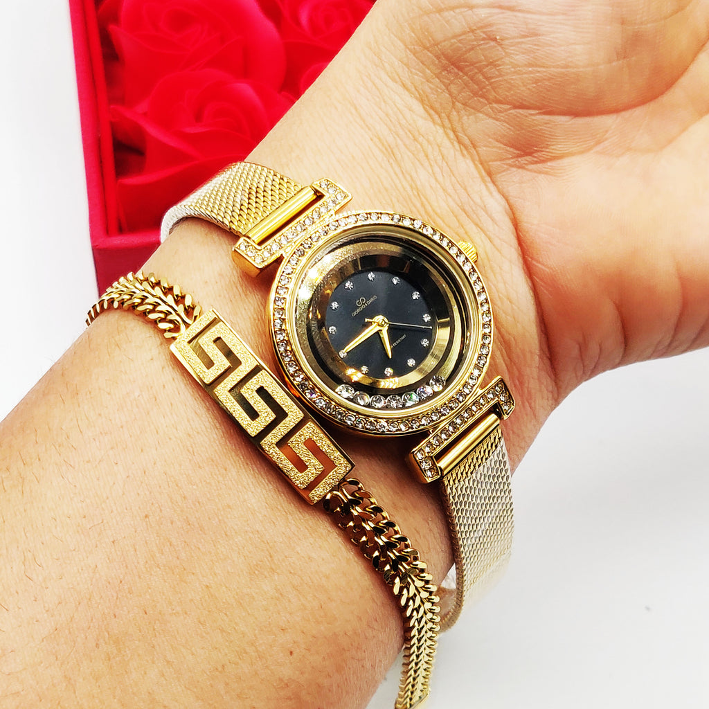 Coffret Cadeau Montre Giorgio & Dario Fond Noir avec Bracelet Tresse V Luxe et Roses Rouges