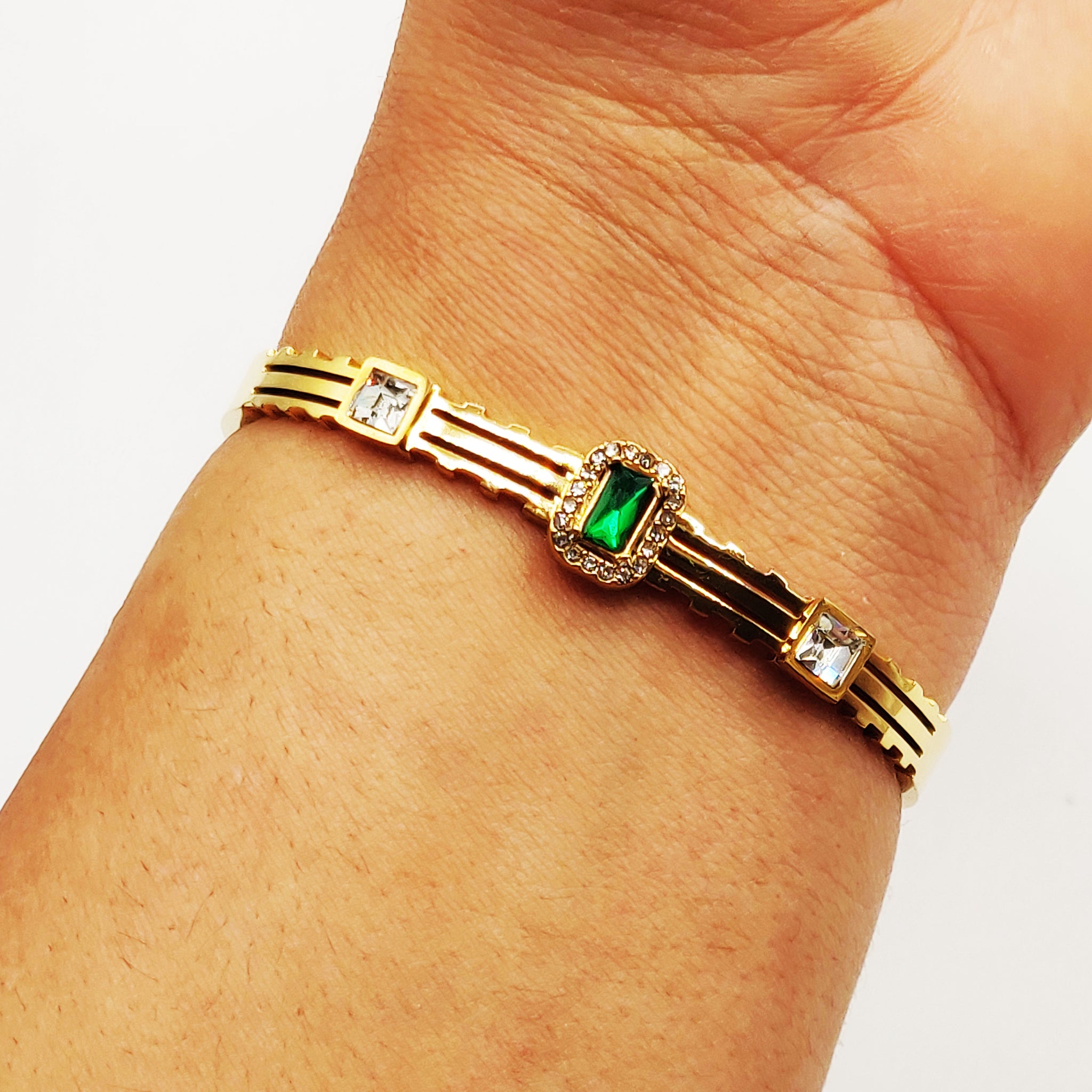 Bracelet Rigide Rectangle Vert Tour Cristaux