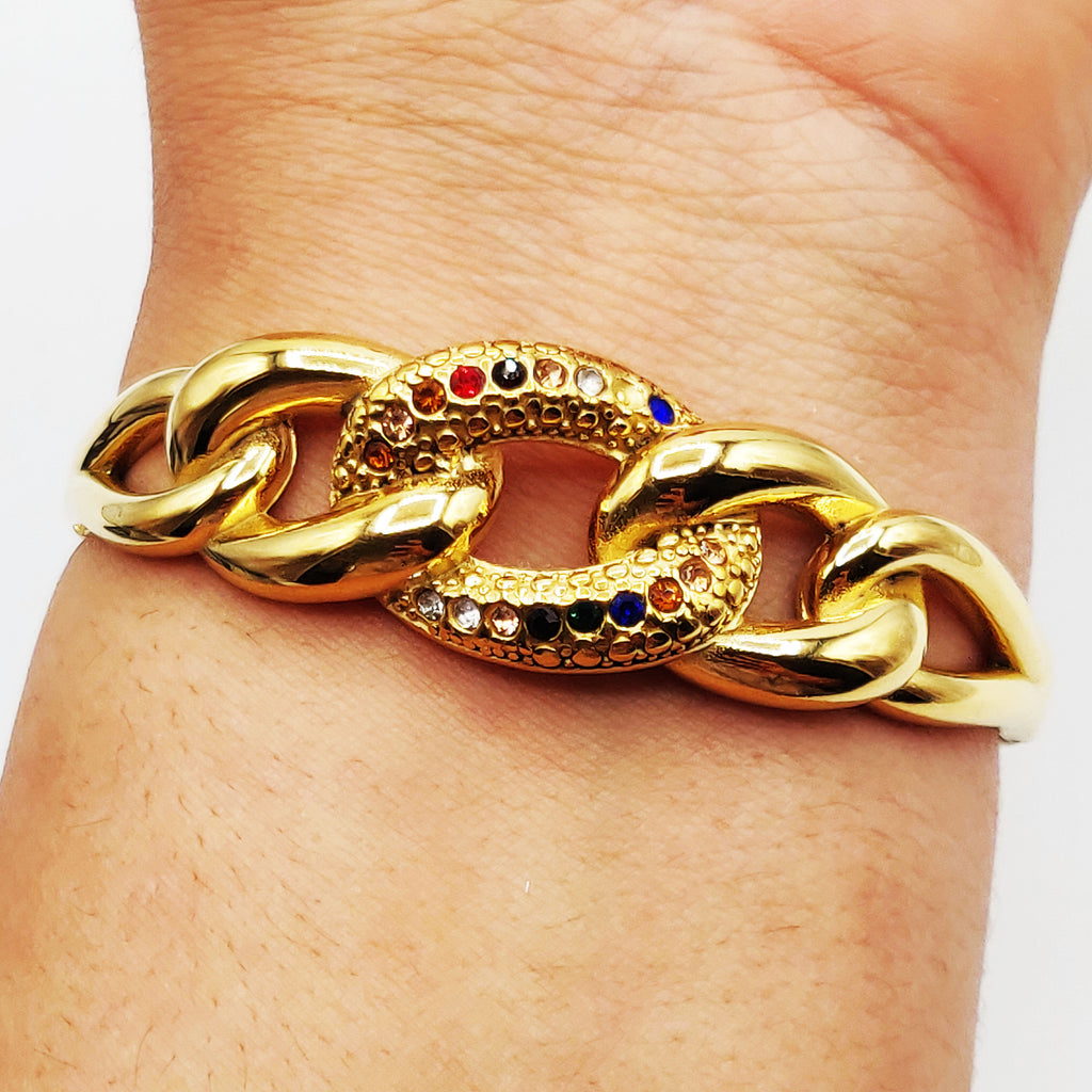 Bracelet Rigide Chaîne Luxe Cristaux Multicolores