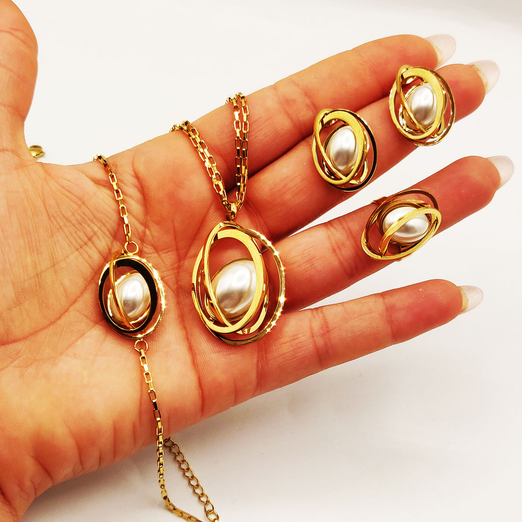 Ensemble Collier, Bracelet, Boucles d'oreilles et Bague Perle d'imitation Blanche Ovale et Anneaux