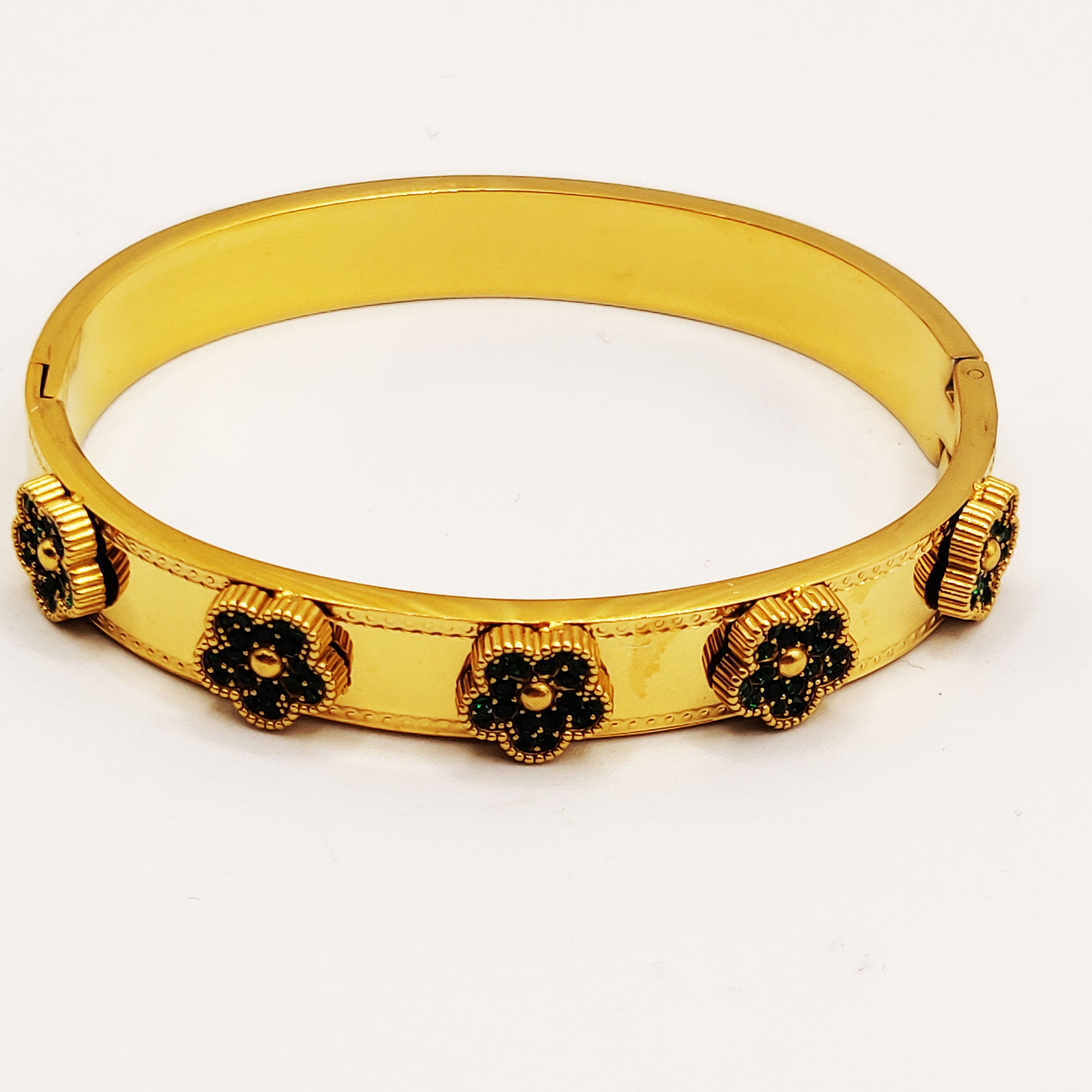 Bracelet Rigide Marguerites Cristaux Verts Luxe