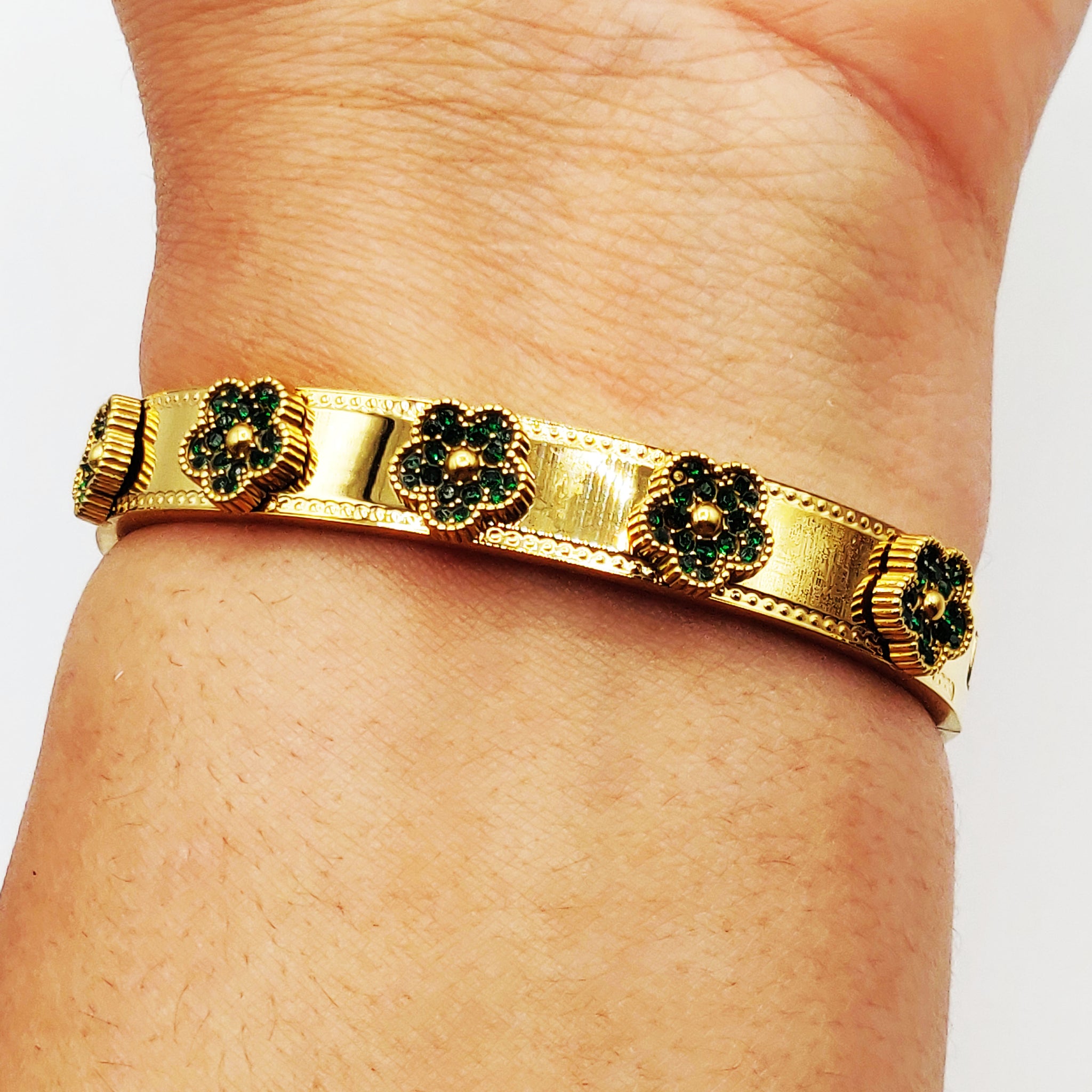 Bracelet Rigide Marguerites Cristaux Verts Luxe