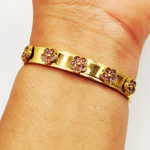 Bracelet Rigide Marguerites Cristaux Roses Luxe