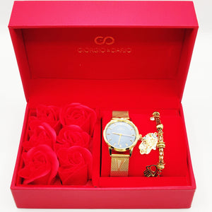 Coffret Cadeau Montre Giorgio & Dario EU5971 Fond Bleu avec Bracelet Main de Fatma et Roses Rouges