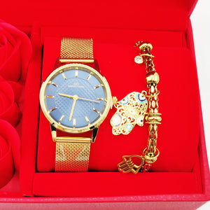 Coffret Cadeau Montre Giorgio & Dario EU5971 Fond Bleu avec Bracelet Main de Fatma et Roses Rouges