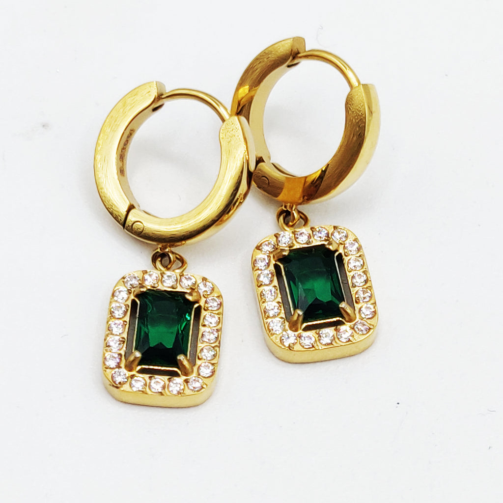 Boucles d'oreilles Rectangle Cristal Vert Tour Cristaux Luxe
