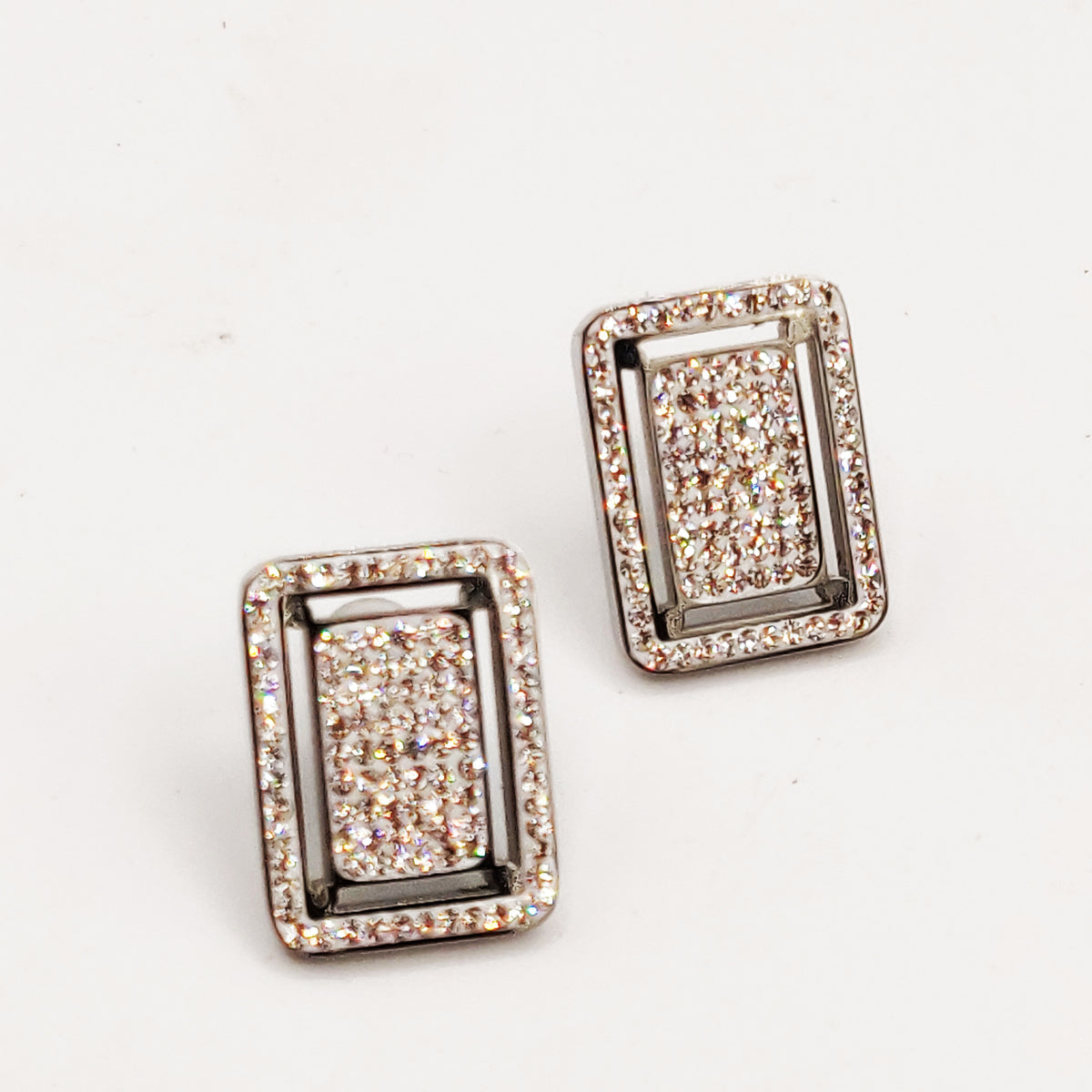 Boucles d'oreilles Double Rectangles Cristaux Luxe Argentées