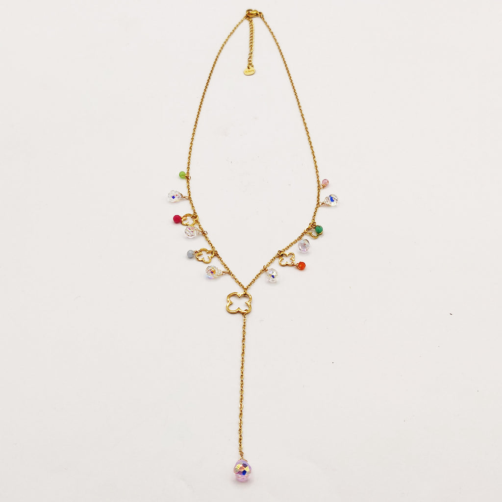 Collier Trèfles Creux et Cristaux Multicolores