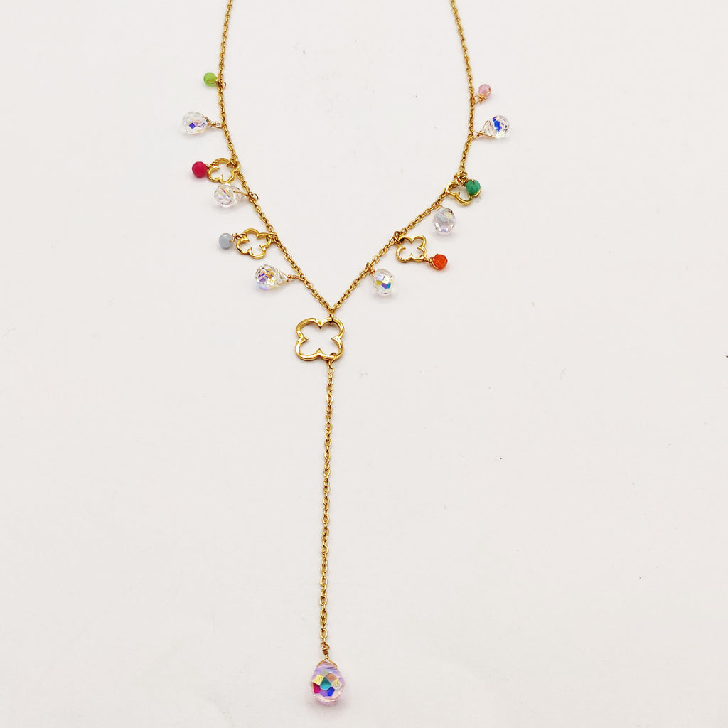 Collier Trèfles Creux et Cristaux Multicolores