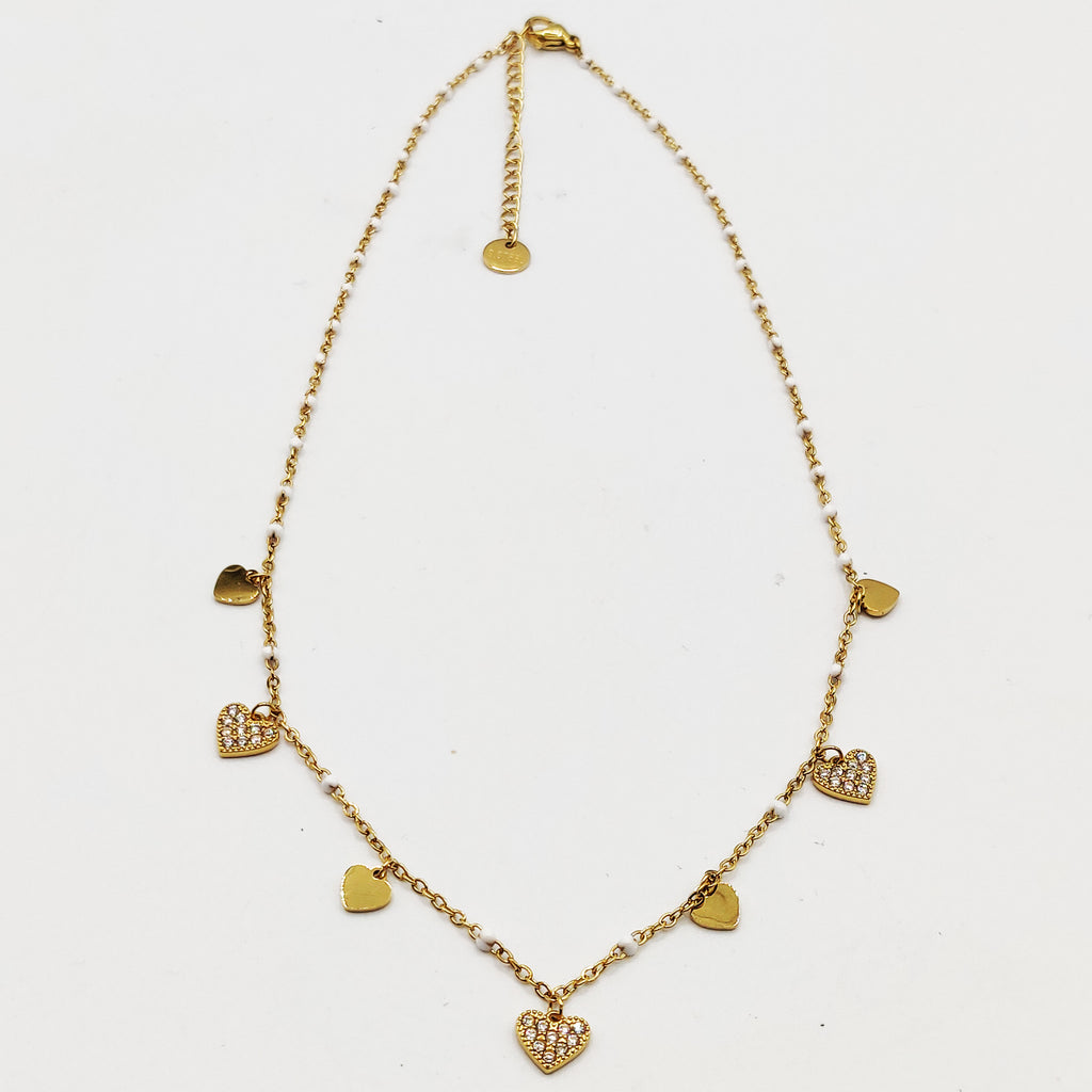 Collier Multi Coeurs Cristaux et Perles d'imitation Blanches