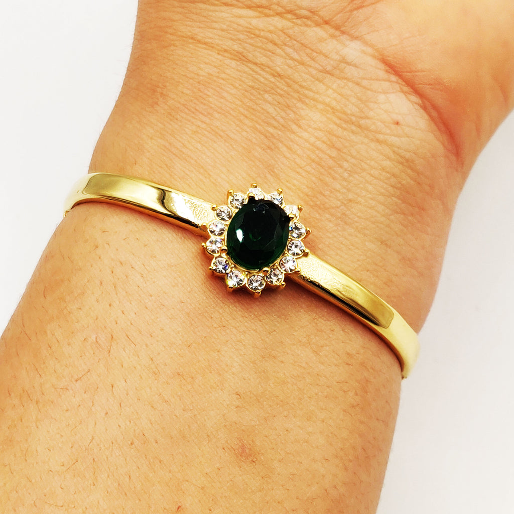 Bracelet Rigide Grand Soleil Vert Tour Cristaux Luxe