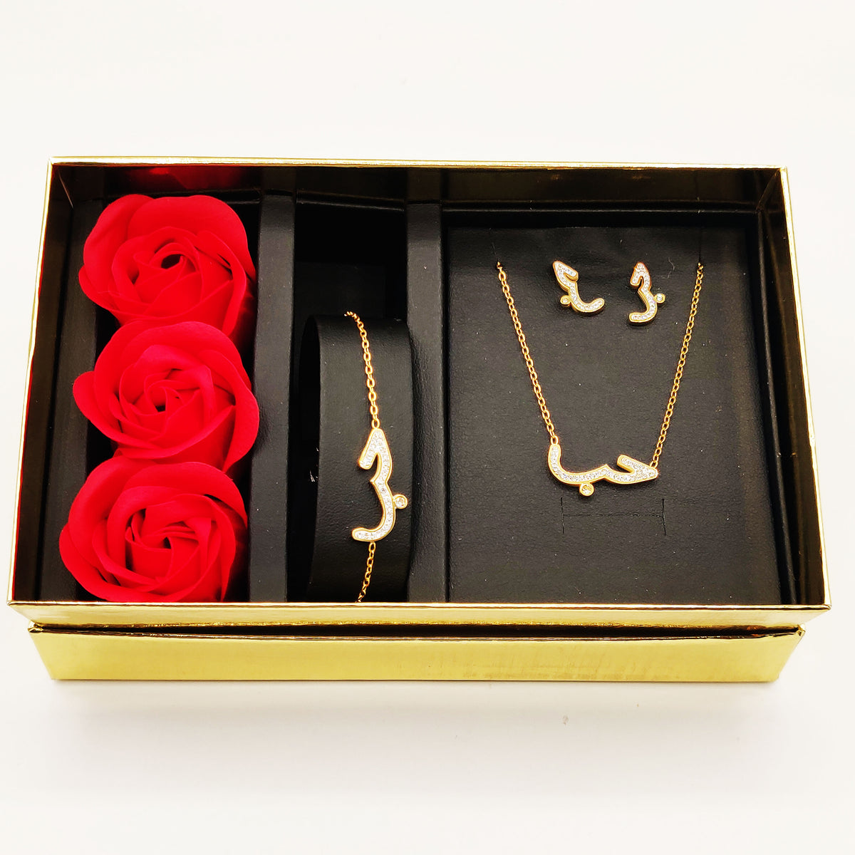 Coffret Collier, Bracelet et Boucles d'oreilles Hobe Cristaux et Roses Rouges