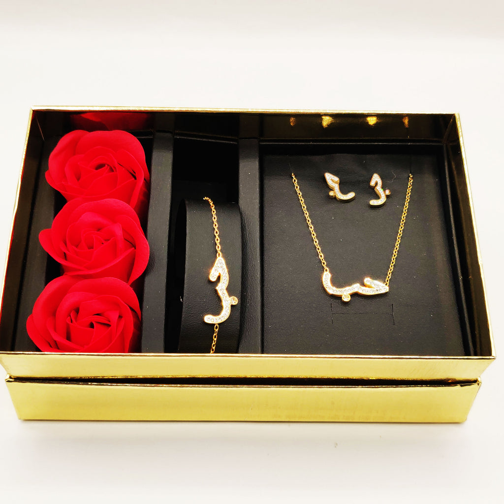 Coffret Collier, Bracelet et Boucles d'oreilles Hobe Cristaux et Roses Rouges