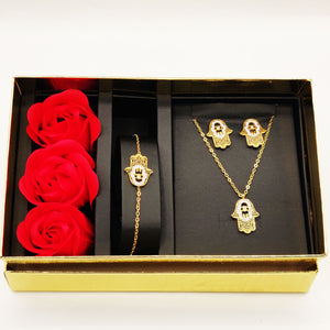 Coffret Collier, Bracelet et Boucles d'oreilles Main de Fatma Cristaux et Roses Rouges