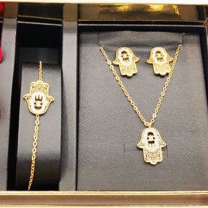 Coffret Collier, Bracelet et Boucles d'oreilles Main de Fatma Cristaux et Roses Rouges