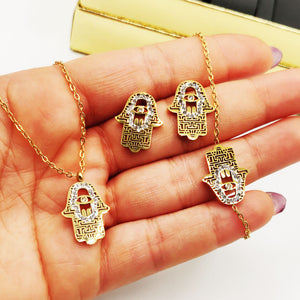 Coffret Collier, Bracelet et Boucles d'oreilles Main de Fatma Cristaux et Roses Rouges