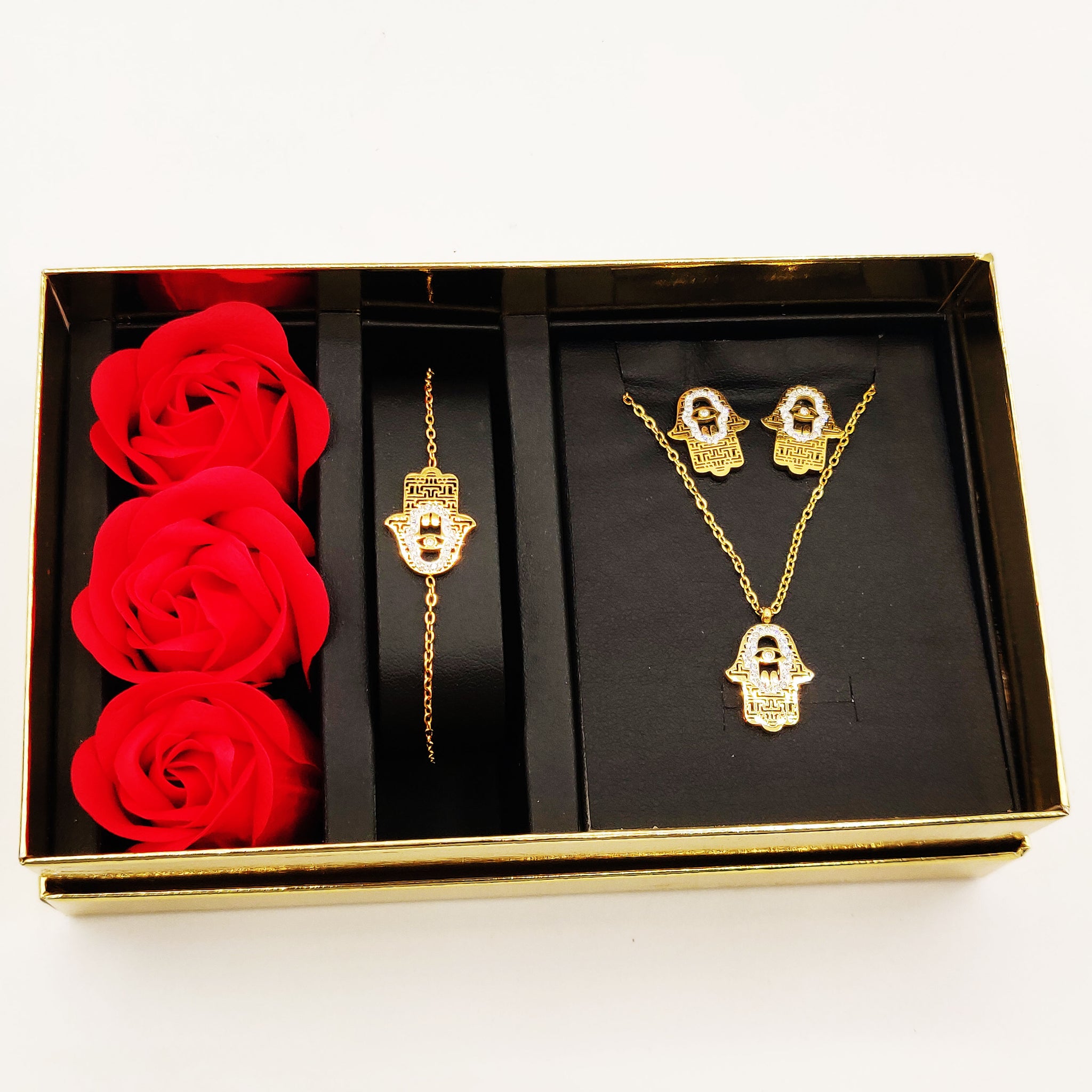 Coffret Collier, Bracelet et Boucles d'oreilles Main de Fatma Cristaux et Roses Rouges