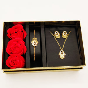 Coffret Collier, Bracelet et Boucles d'oreilles Main de Fatma Cristaux et Roses Rouges