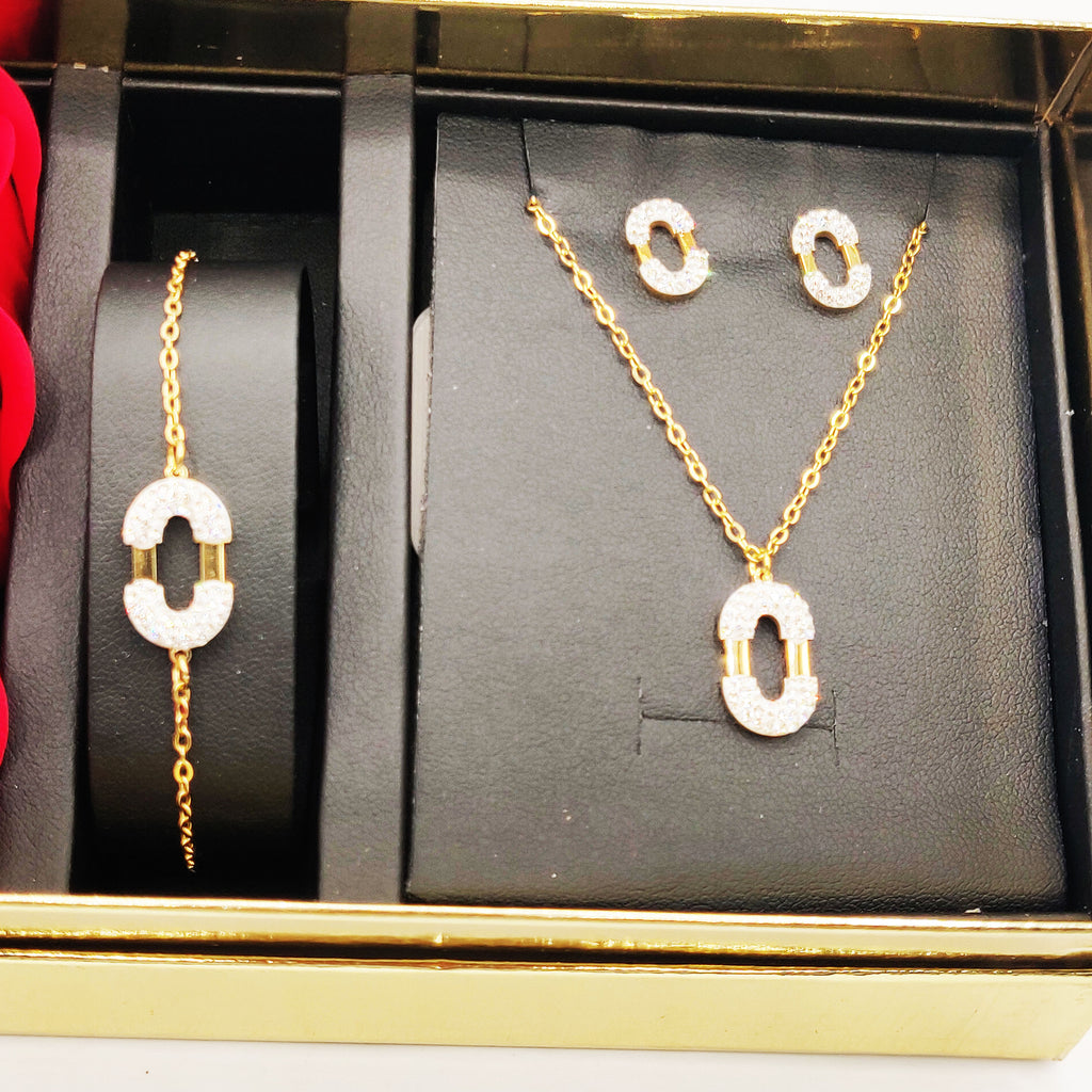 Coffret Collier, Bracelet et Boucles d'oreilles Double U Cristaux et Roses Rouges