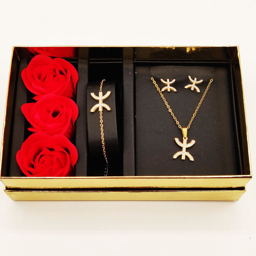 Coffret Collier, Bracelet et Boucles d'oreilles Amazigh Cristaux et Roses Rouges